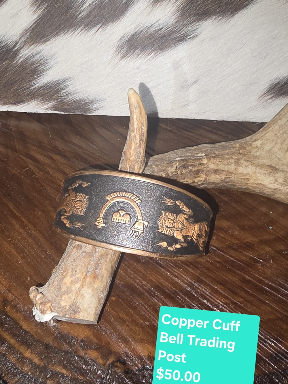 Engraved Copper-Tone Leather Cuff Bracelet - Black & Copper